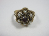Stamped 10K Gold Victorian Era Style Garnet & Seed Pearl Cluster Ring Size