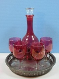 6 pc. Set Cranberry Flash Decanter w/ Clear Stopper and 4 Matching Stems Etched Birds
