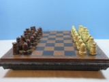 Simulated Leather Ornate Chess/Checkerboard w/ Medieval Style Chess Pieces