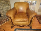 Depression Era Style Club Arm Chair Mahogany Carved Wood Trim Curved Armrests