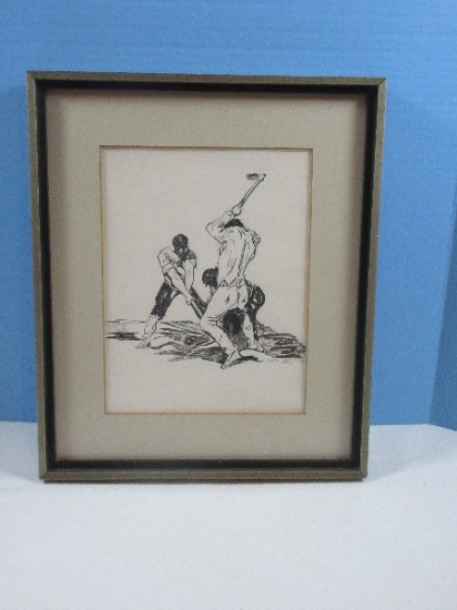 Original Pen & Ink Drawing Depicts 3 Men Working The Land Artist Signed Bob Smith 1976 in Two