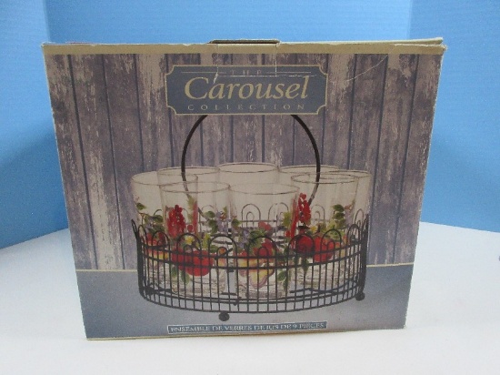 9pc Set The Carousel Collection Fruit Juice glass Set Hand painted Fruit Design Hand Blown Glass