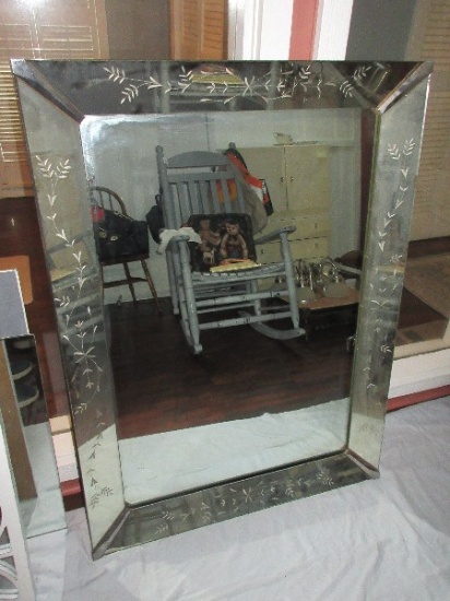 Refined Venetian Stylized Large Rectangular Mirror 1950's Decorative Etched Surround Panels