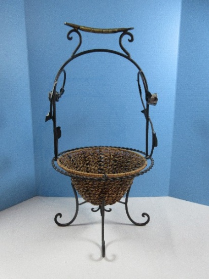 Elegant Decorative 25"H Chinoiserie Elevated Woven Basket Wrought Iron Stand Scrolled Feet