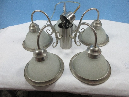 5 Light Brushed Nickel Hanging Chandelier Frosted Ribbed Glass Shades
