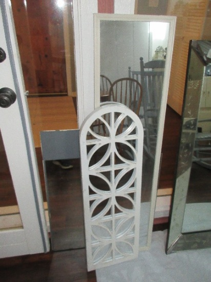 Lot Decorative Arched Window Pane Wall Mirror 36" x 12" Distressed Patina, White Frame