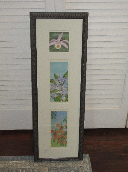3 Botanical Flower Prints Pink Orchid, Hyacinth Orchid & Royal Poinciana Triple Mat Ornate Frame