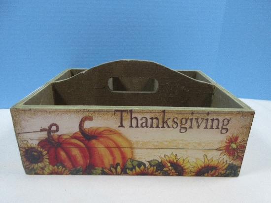Harvest Pumpkins & Sunflowers Wooden Box w/Slot Center Handle & 4 Compartments
