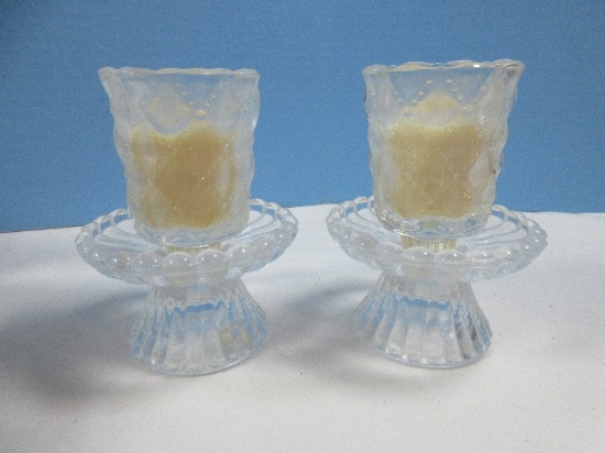 Pair Quilted Crystal Votive Candleholders 2pc Pedestal Base w/Cup Insert-NIB