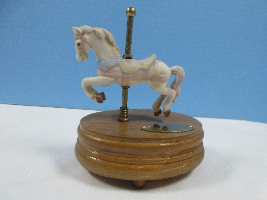 Melodies Bisque Porcelain Figural Carousel Horse Music Box Brass Engraved Plate-"Lee 9-18-90"