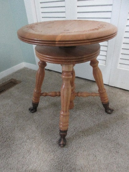 Victorian Era Replica Antique Piano Stool Decorative Carved Flower Foliage Seat w/Metal Glass