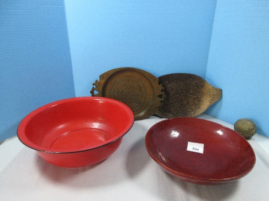 Lot Red Enamelware 14"D Bowl Black Trim, Ceylon Coconut Plate,12" Bamboo Lacquerware Bowl