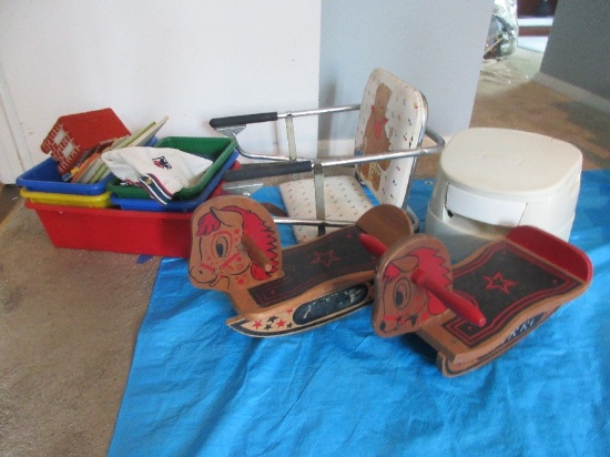 Lot 2 Vintage Small Wooden Rocking Horses, Child's Portable High Chair, Primary Colors Storage