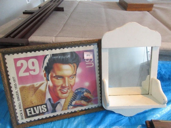Lot Cottage White Painted Wall Mirror w/Shelf & Framed Elvis $.29 Stamp Poster Rock & Roll