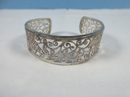 Filigree Pierced Scrollwork Unmarked Sterling Silver Cuff Bracelet- Wgt 15.56G+/-
