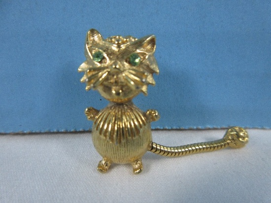 Gold Tone Fat Cat Pin Brooch Rhinestones Eyes w/Dangling Tail