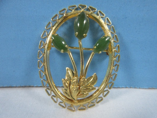 12K Gold Filled Oval Filigree Brooch Jade Flower Pin Signed "SR"