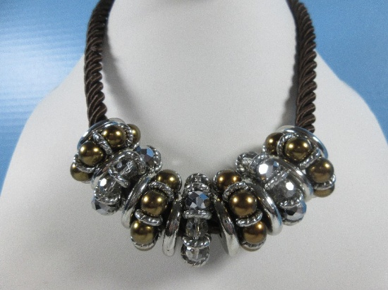 Fashion Necklace Brown Satin twisted Cord w/Clusters of Beads & Silver Tone Rings/Faceted