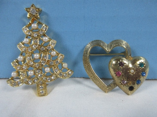 Vintage Signed Emmons Gold Tone Double Heart w/Rainbow Rhinestone Brooch Circa 1970's &