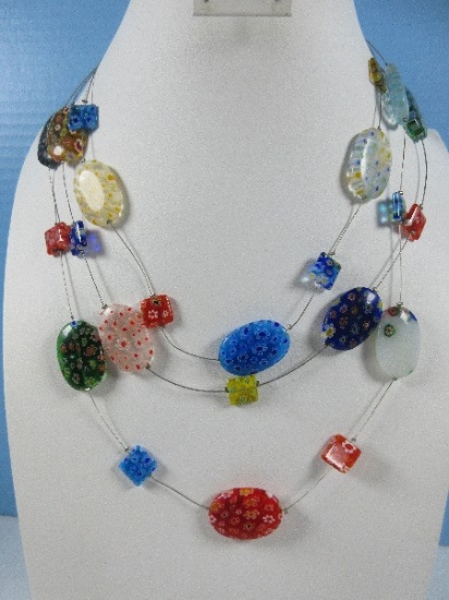 Studio Art Glass Millefiori Stylized Triple Strand Necklace w/Lobster Clasp