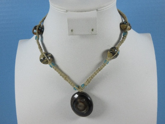 Unique Polished Cabochon Crystalline Quartz Braided Necklace w/accent Painted Beads Artisan