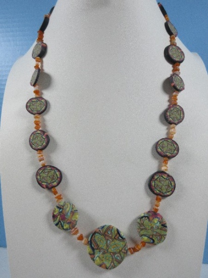 Handcrafted Tye Dye Polymer Clay Flat Disc Necklace Swirling Pattern Vibrant Colors Toggle