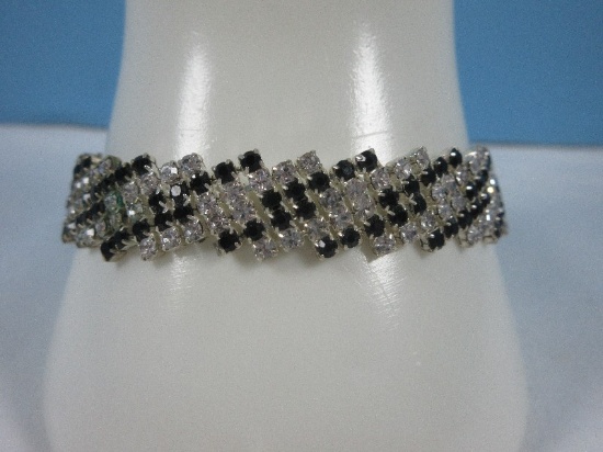 Stunning Rhinestone Clear/Black Alternating Rows Willow Branch AKA Spiral Design Bracelet