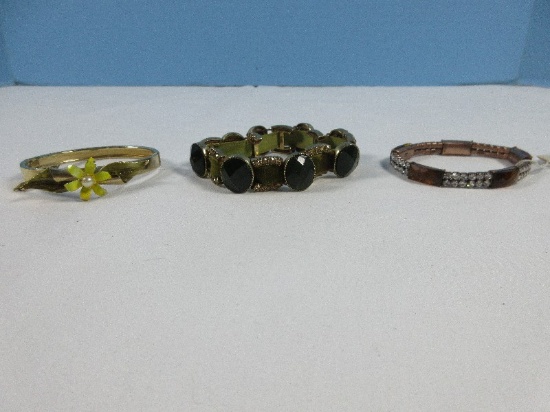 2 Designer Stretch Bracelets Liz Claiborne Amber/Rhinestones, Velvet Ribbon w/Resin Olive