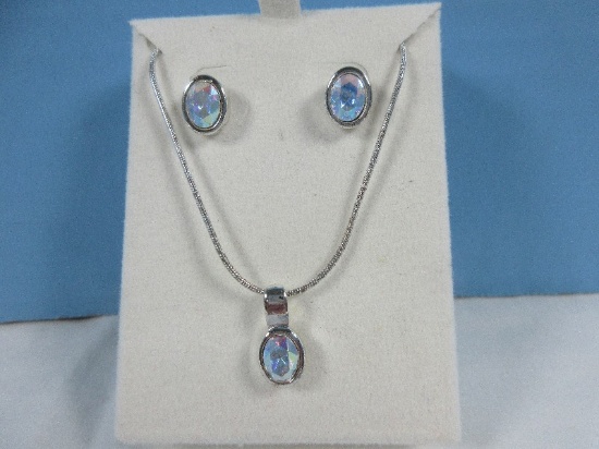 Accessory Crossing 3pc Jewelry Set Silver Tone Snake Chain Necklace w/Mystic Solitaire