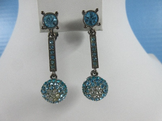 Pair Shimmering Blue Rhinestone Dangle Pierced Earring Spheres w/Clear Accents