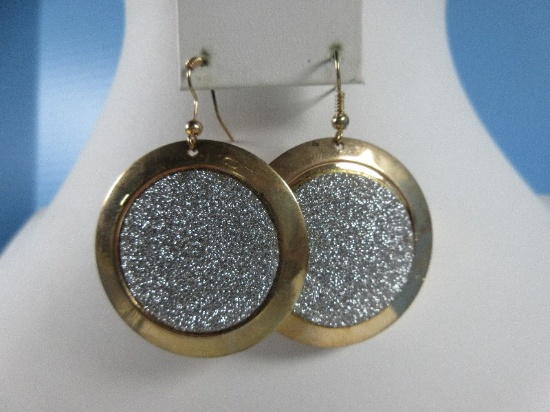 Pair Designer Pierced Earrings Circular Gold Tone w/Glitter-Filled Center Bold Statement Jewelry