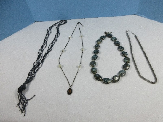 Lot Grace Necklace w/Faux Pearls Dark Metal Chain Necklace w/Amber Pendant, Silver Tone Mesh
