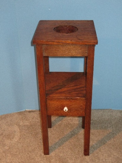 Vintage Oak Mission Style Smoking Stand w/Drawer,Porcelain Pull & Lower Shelf-26"H x Top 10"