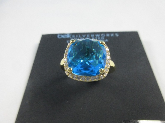 Belk Silverworks Gold Plated Blue CZ Topaz Cushion Cut Ring Size 7