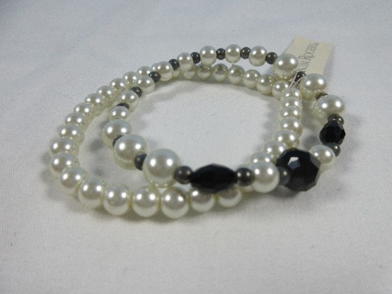 2 Kim Rogers Stretch Bracelets Classic Faux Jet Pearls & Black Glass Beads