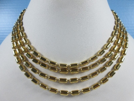Gold Tone Art Deco Style Multistrand "Bean" Bead Necklace