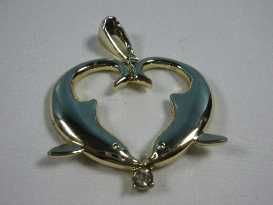 Fabulous Kissing Dolphins Heart Shape Pendant w/Rhinestone Accent Gold Tone