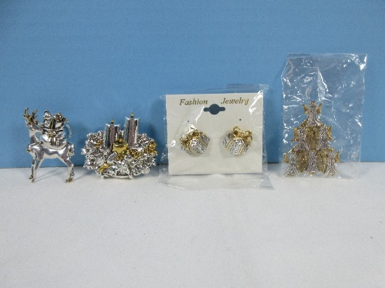 Lot Christmas Fashion Jewelry Pair Prescut Earrings, Best Brooch Pendant Trio Candles & Ever-