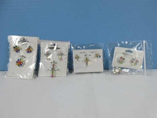 4-Jewelry Sets-Cat's Eye Jewel Pops 3pc Earrings Pendant, Cross Pendant w/Earrings, Boutique