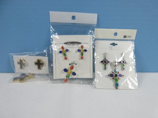 3 Jewelry Sets-3pc Set Lure Bijoux Cross Pendant w/Earrings, Icon Collection 3pc Set Cross