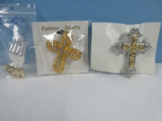 Lot Fashion Jewelry Filigree Cross Brooch Pendant Rhinestone Accent, Two Tone ornate