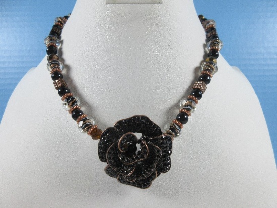 Incredible Statement Choker Black Rhinestone Rosebud Pendant w/Art Glass Beads Toggle