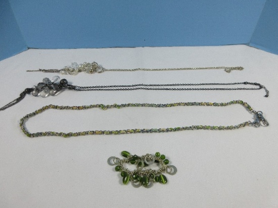 Lot Chain w/Interwoven Fabric, Silver Tone Chain w/Cluster Faux Pearls Clear Faceted Beads