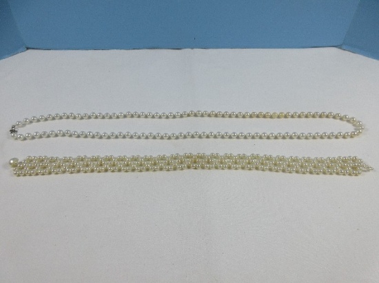 Lot Faux Pearl Necklace & Faux Pearl Choker w/Matching Clip-On Earrings-