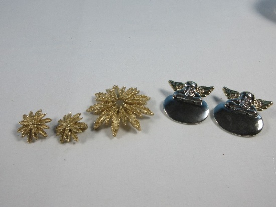 Lot Avon Gold Tone 3pc Set Starburst Flower Brooch w/Matching Clip-On Earrings-2 MJ Baby