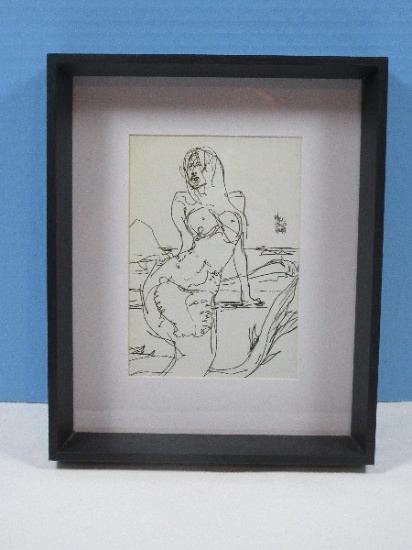 Risque Semi Nude Mermaid Reclining Shore Rocks Lithograph Fine Artwork Expressive Lines