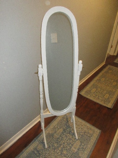 Cottage White Oval-Shaped Chevel Mirror w/Stand Freestanding Features Adjustable Tilt Ring