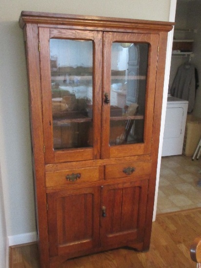 Antique Oak Kitchen Cupboard Hutch Double Glass Paned Doors,2 Drawers Over Base Panel