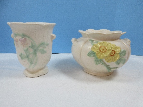 Collector's 2 Vintage pcs of Weller Pottery Blossom Design Sculpted Roses Jardiniere Planter