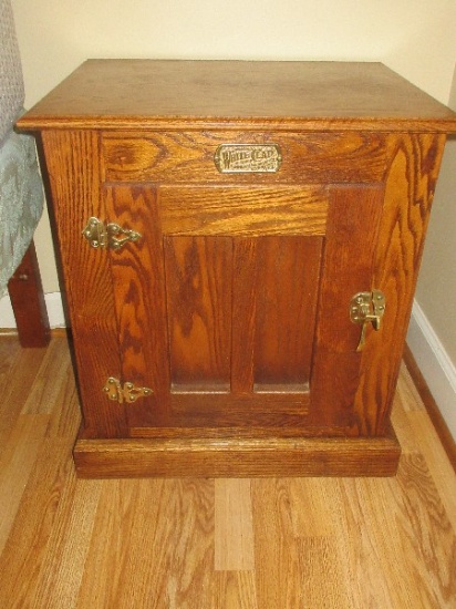 Replica Vintage White Clad Oak Icebox w/Brass Plaque & Hardware Panel Door Great Nightstand